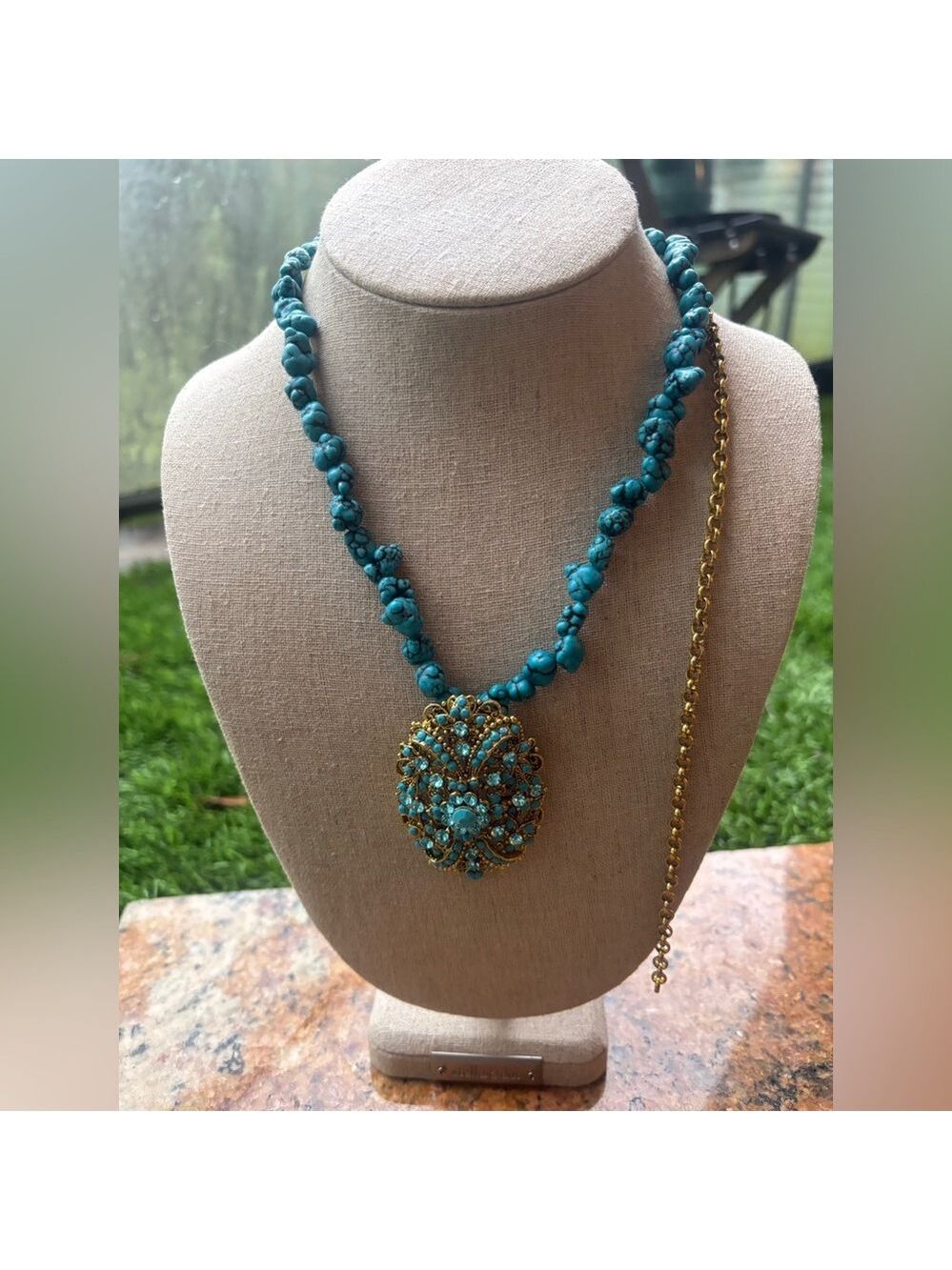 💙 RARE 1928 Designer Turquoise Blue Stone Statement Necklace • Crystal Medallion - Picture 4 of 14